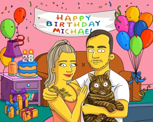 Simpsonizzed couple with coach birthday background